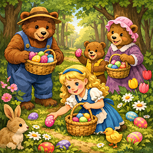 Illustration of Goldilocks and the Three Bears on an Easter egg hunt in a sunny woodland.